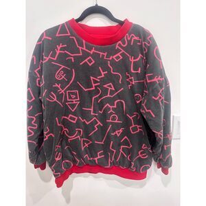 Vintage Reversible Abstract Doodle Sweatshirt Red Gray Memphis Style M/L